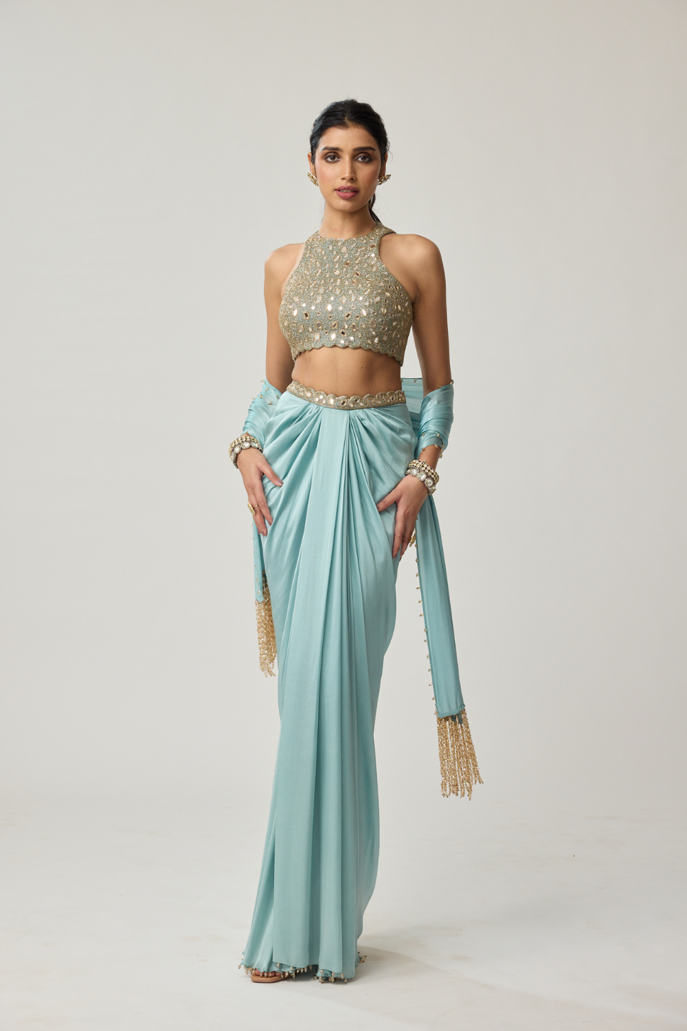 Powder Blue Mirror Satin draped skirt Set