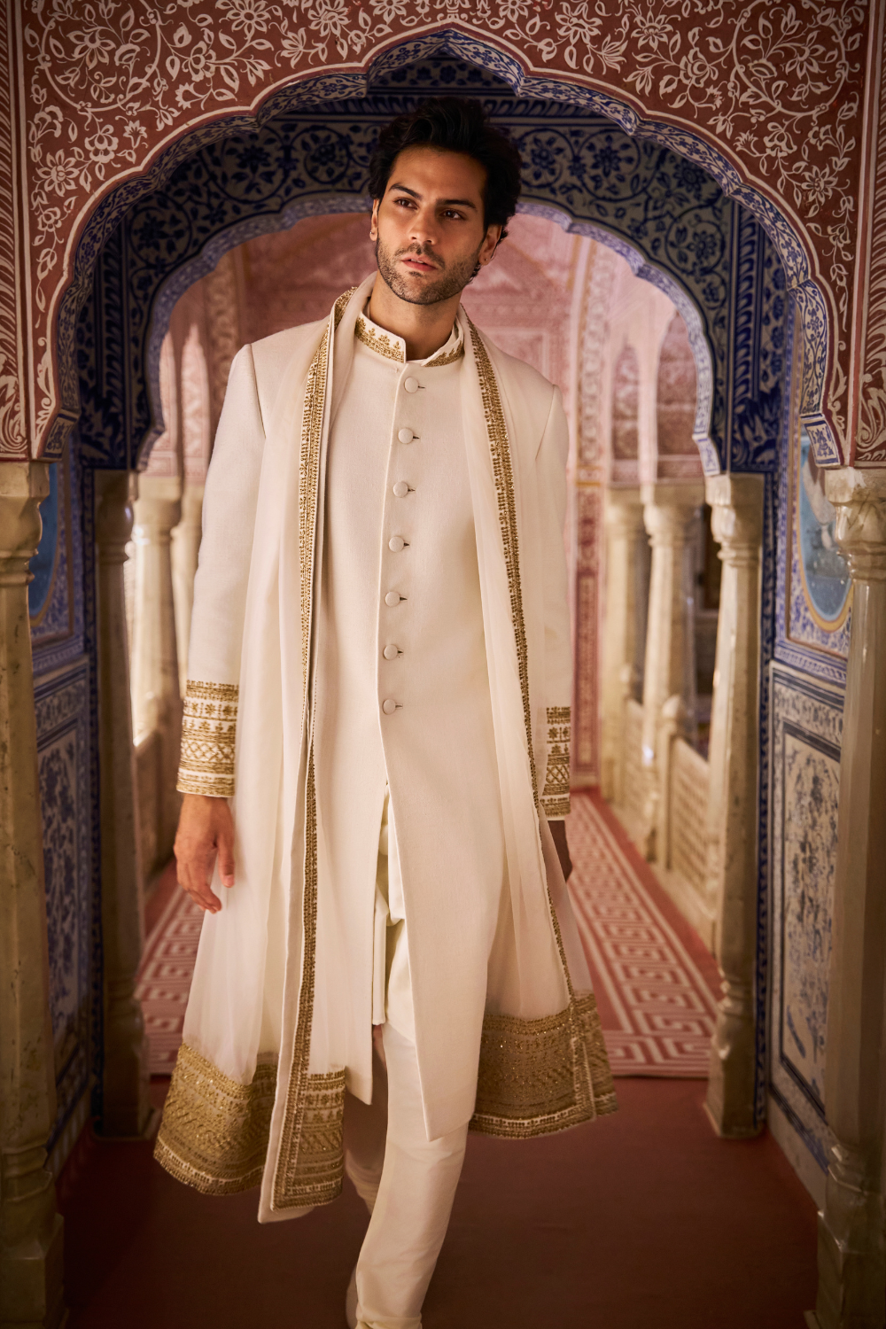 Ivory Gold Matka Silk Sherwani Set