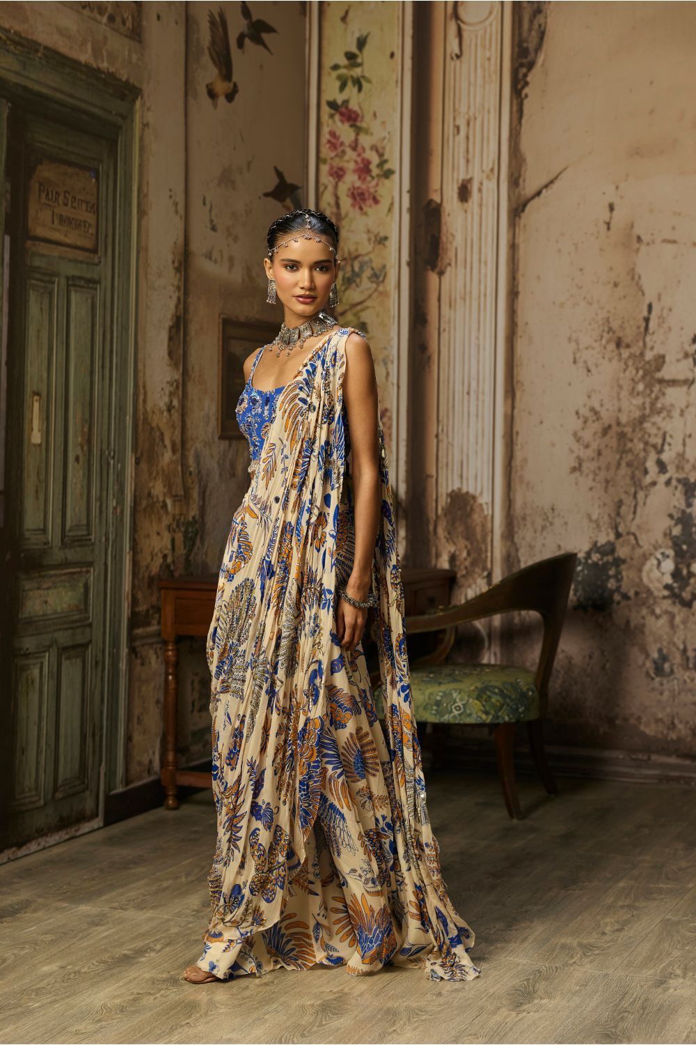 IVORY PRINTED AND HIGHLIGHTED SHARARA PANTS SAREE SET