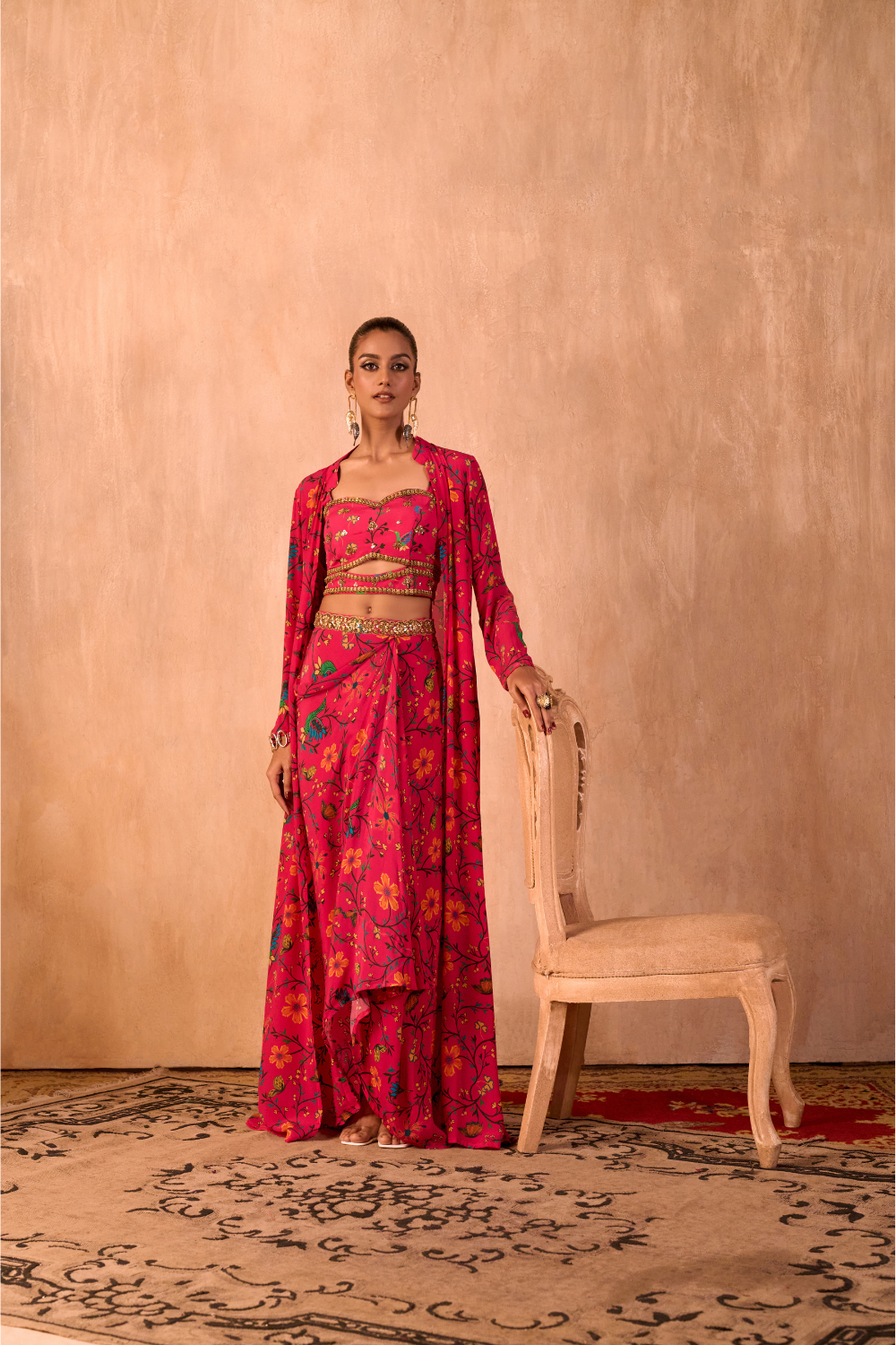 PINK PRINT EMBROIDERED CHOLI, DRAPED SKIRT AND JACKET SET