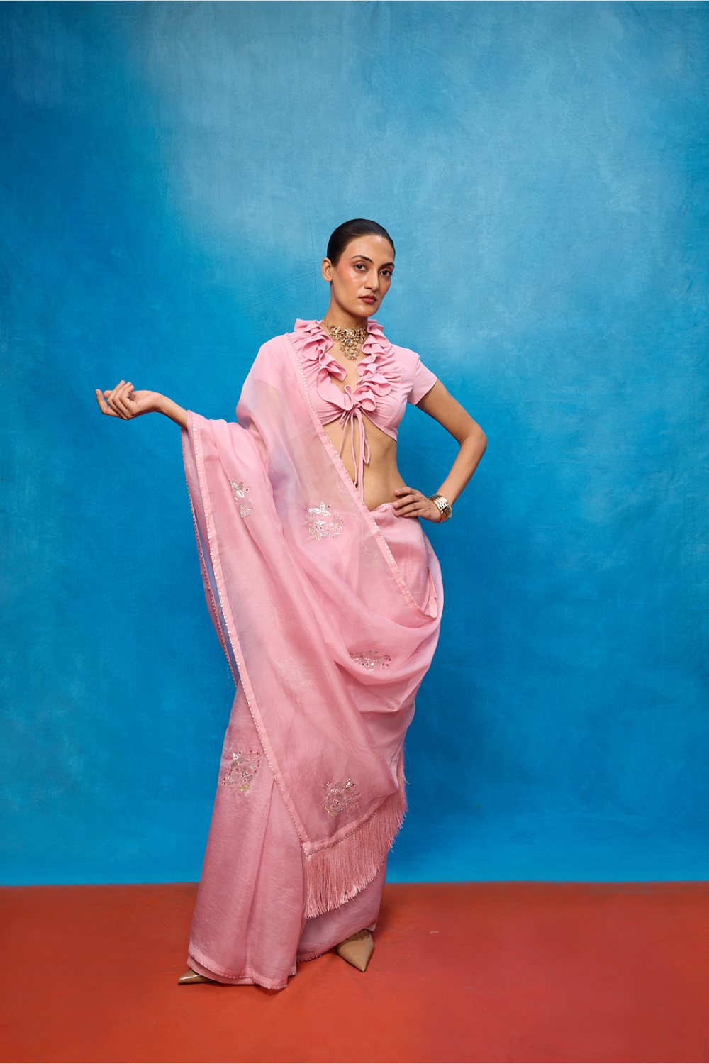 Handwoven Pink Kora Banarasi Saree