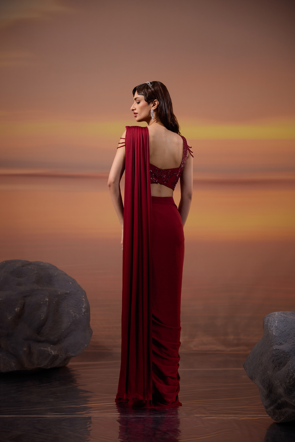 Dark Maroon Embellished Drape Saree Set