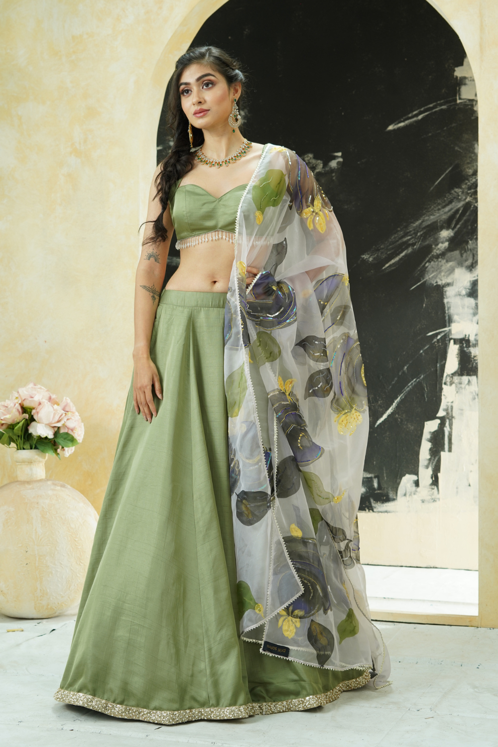 Sage Green lehenga set with hand painted dupatta