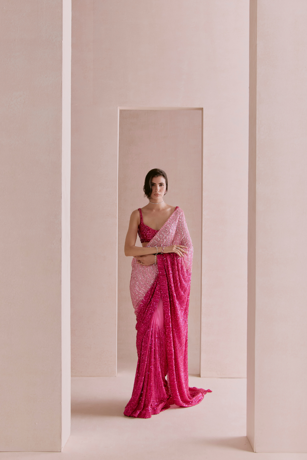 Light To Hot Pink Ombre Sequin Saree