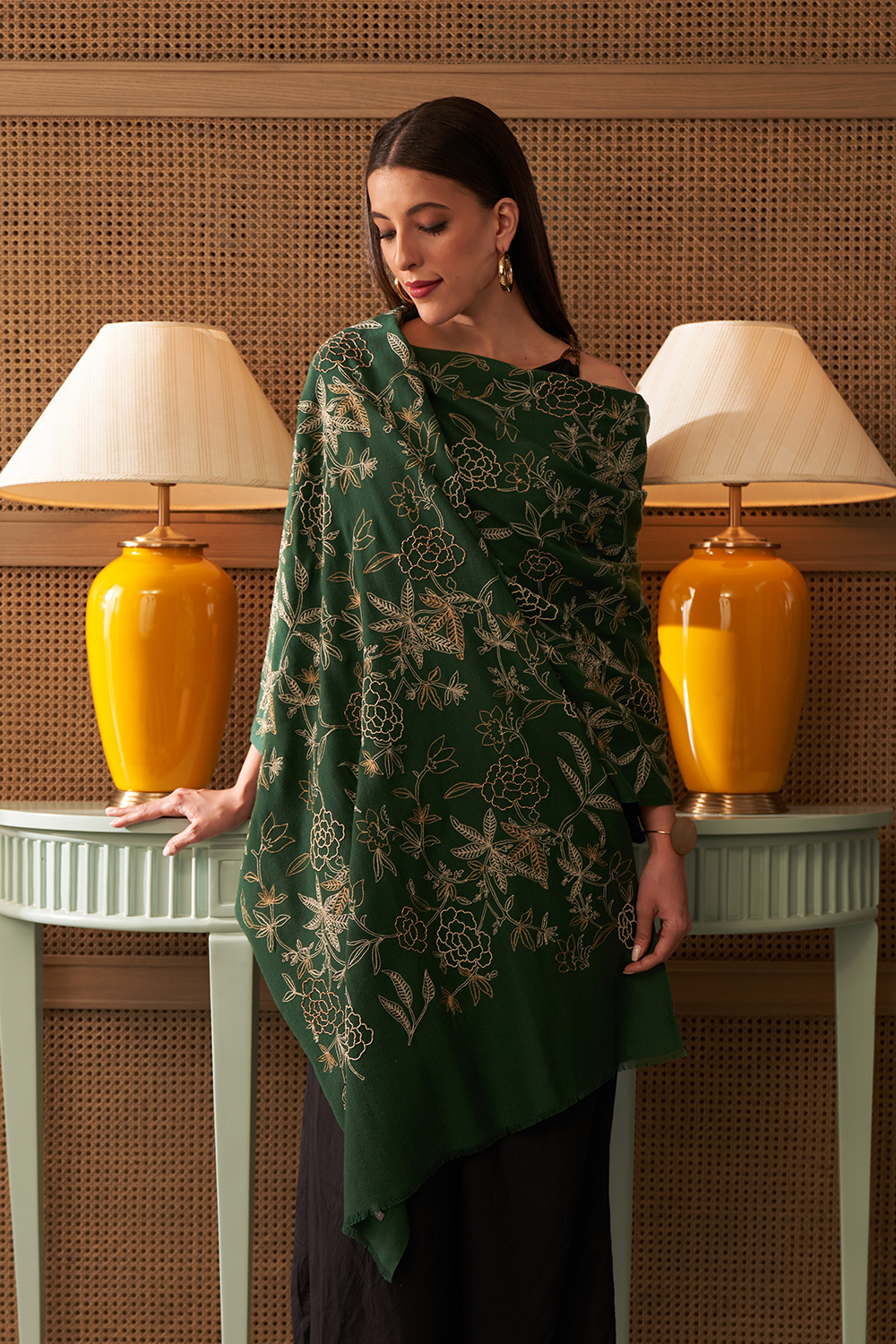 Golden Peony | Embroidered Fine Merino Wool Stole – Emerald