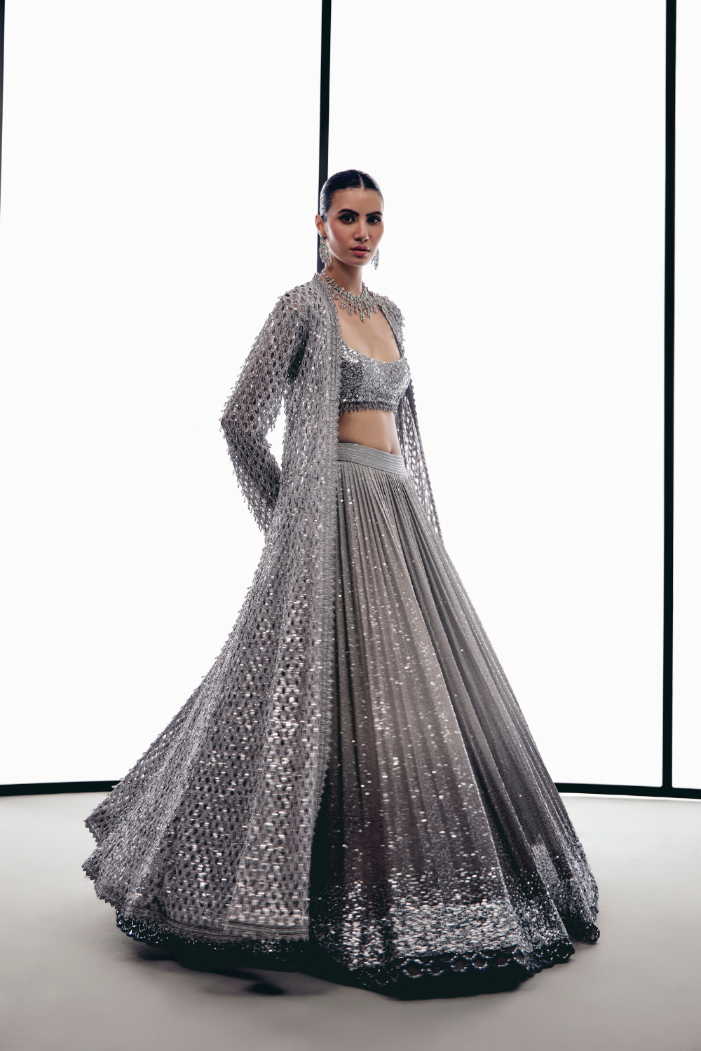 Grey Cutwork Tassel Cape Lehnega Set