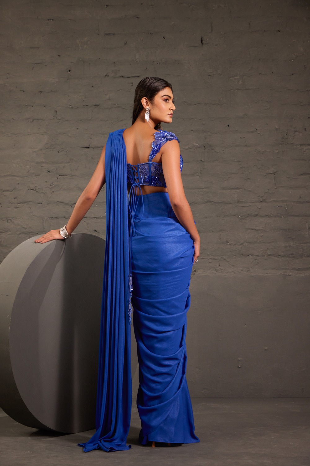 Tasseled Royal Blue Cocktail Metallic Drape Saree Set
