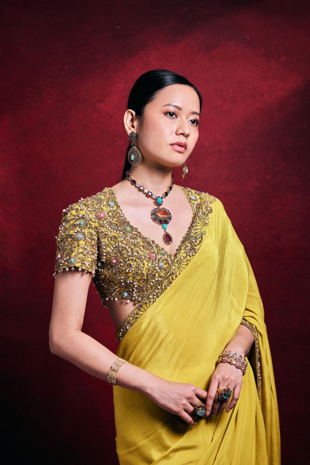 YELLOW CREPE SAREE SET