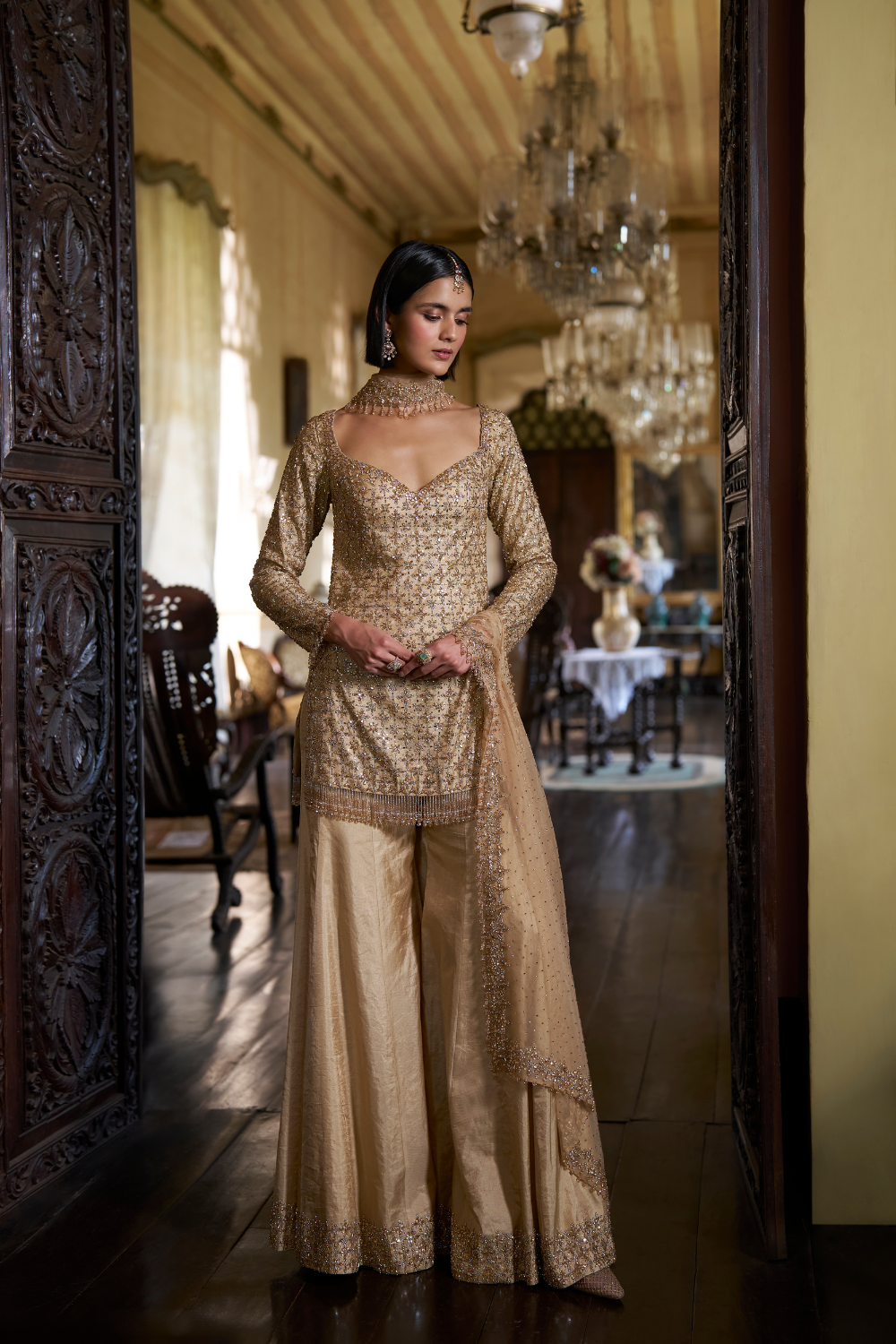 Gold Crystal Sharara Set