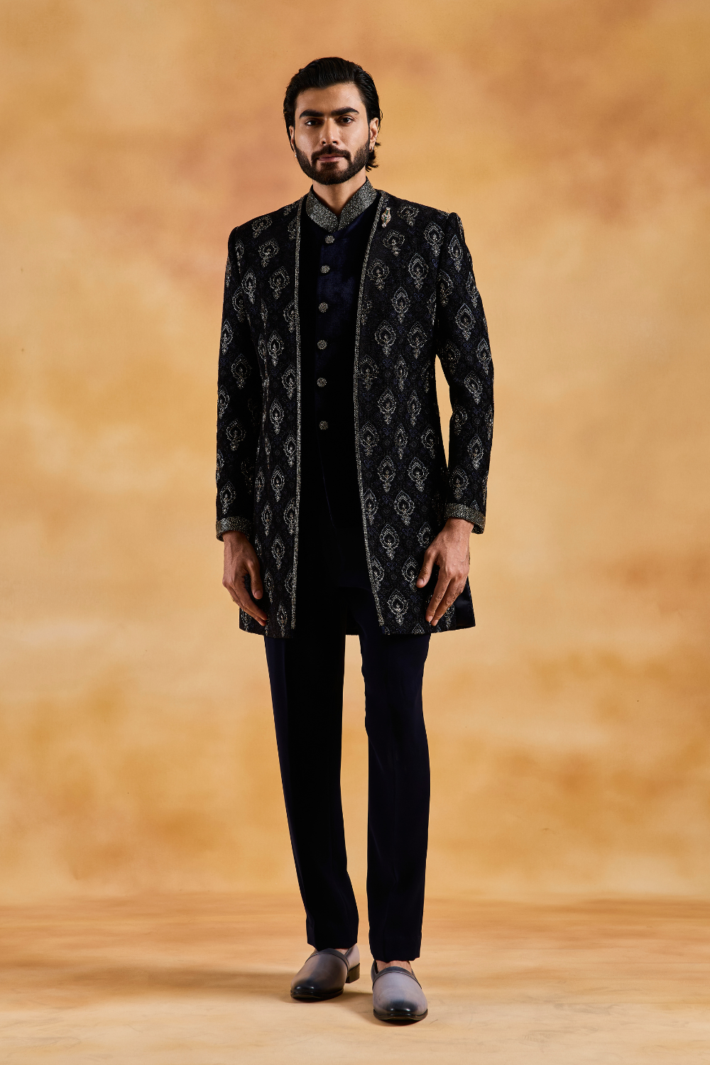 Navy Velvet Open Jacket with Bundi and Pant