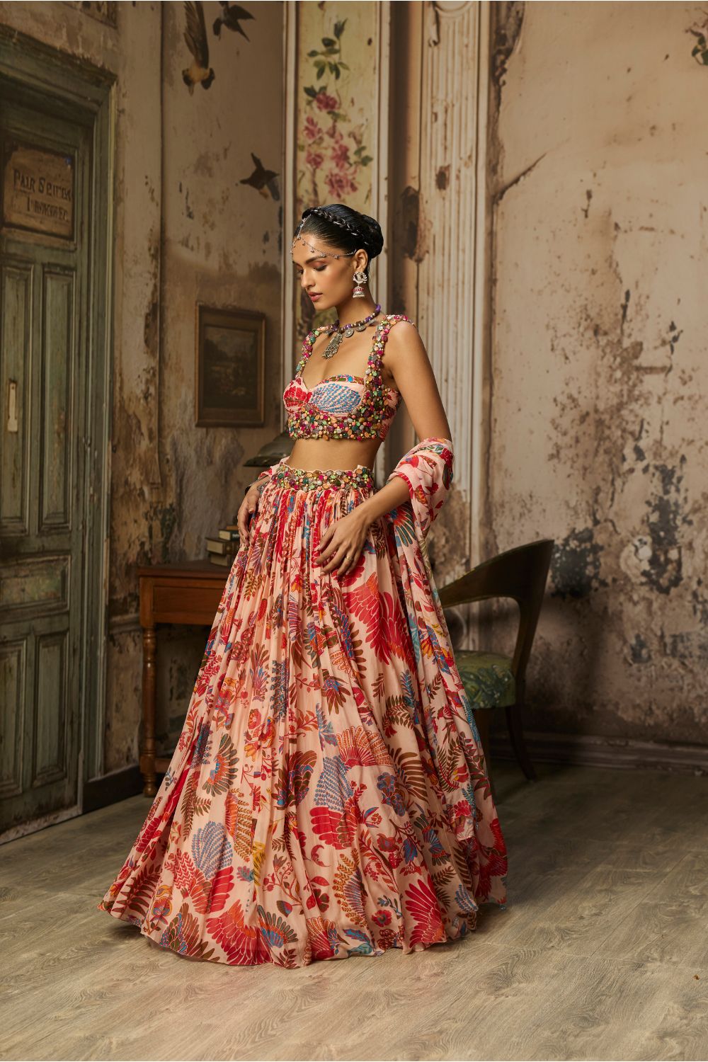 BLUSH PINK STONE EMBROIDERED BLOUSE WITH PRINTED LEHENGA SET