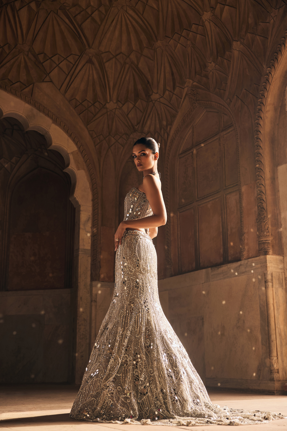 Silver Mirror Embellished Trail Mermaid Skirt Set with Corset