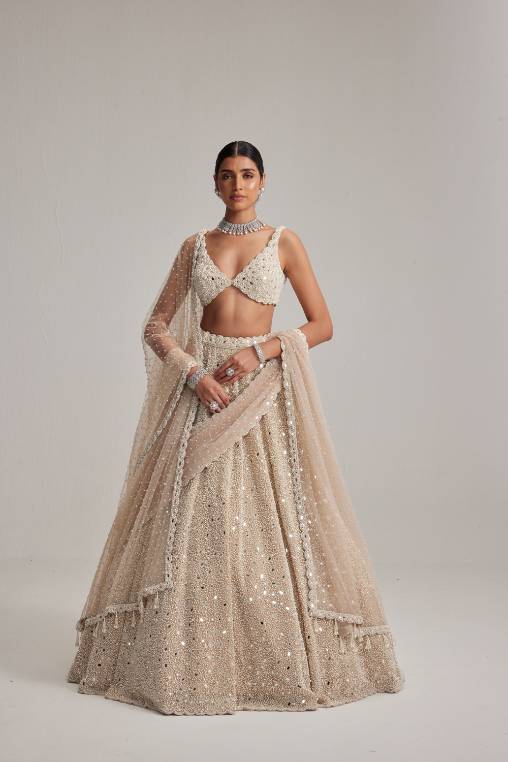 Light Beige Mirror & Pearl Bridal Lehenga with Double Dupatta and Veil