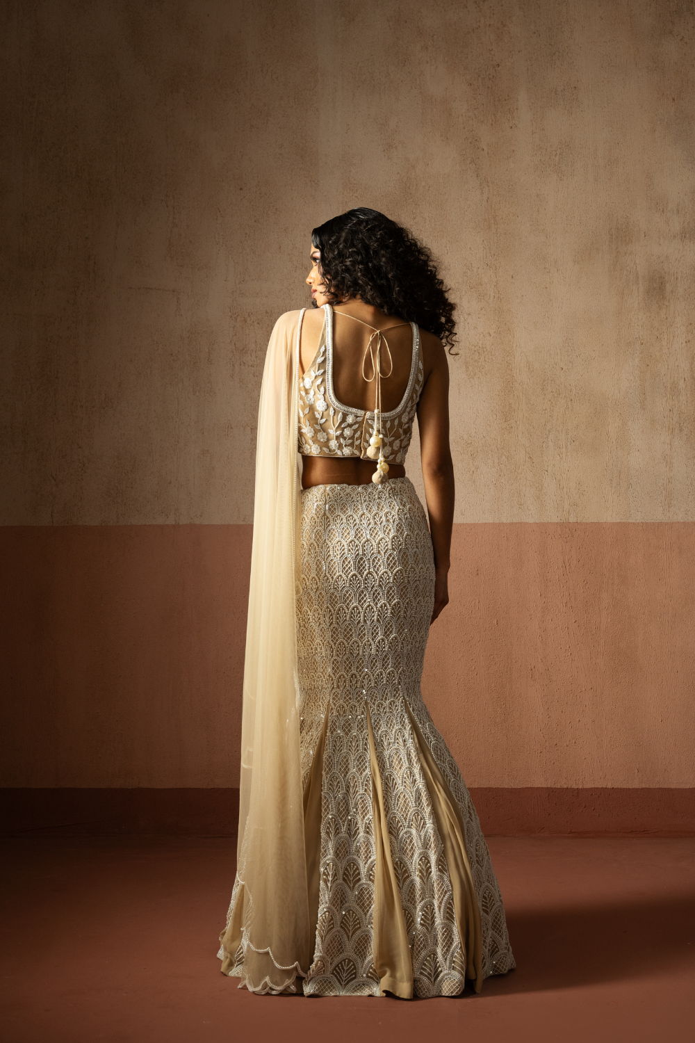 Fishtail style , beige & ivory hand embroidered , net &georgette fishtail saree, concept saree