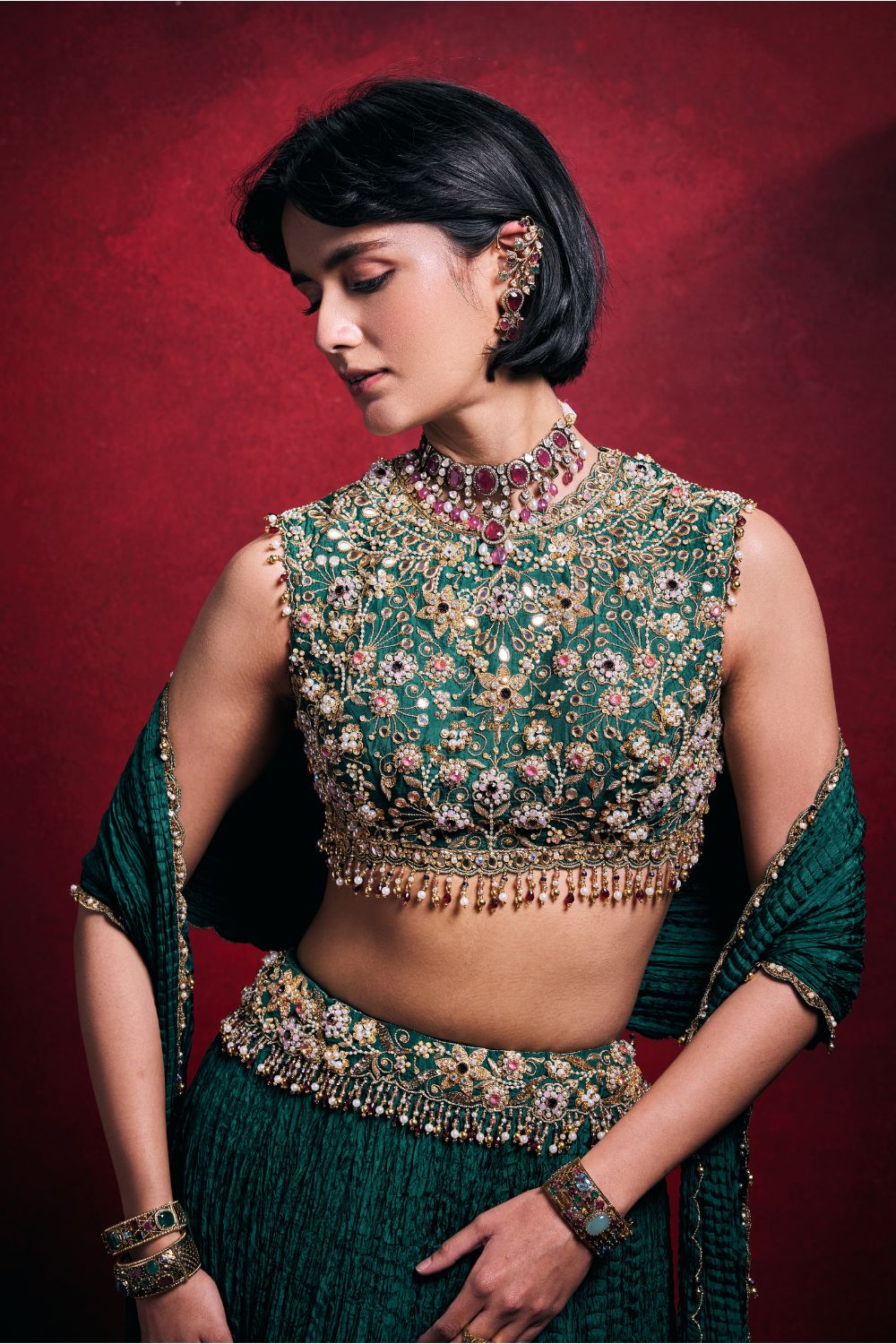 EMERALD GREEN CRUSHED LEHENGA SET