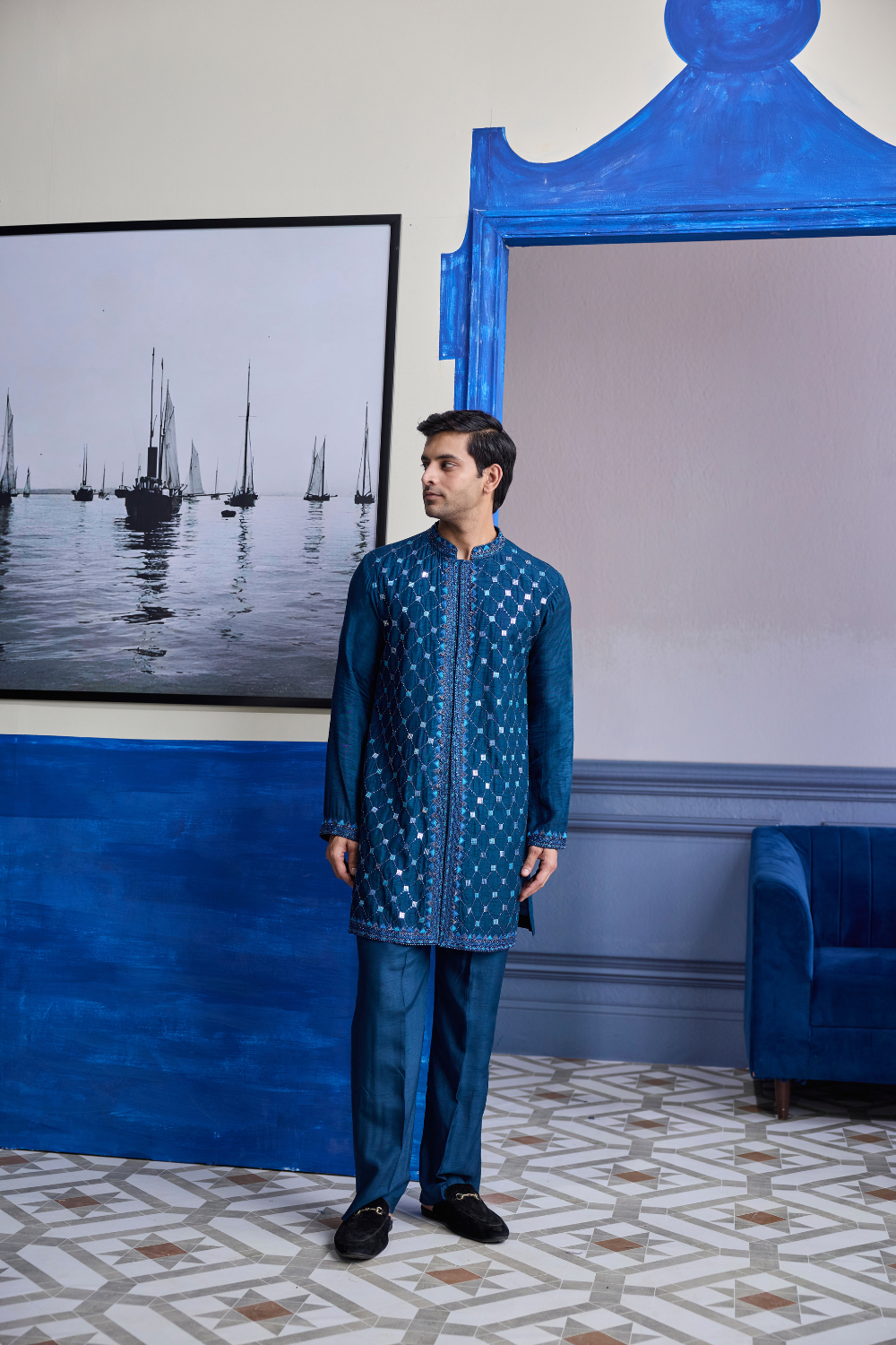 Teal Blue Mirror Embroidered Kurta Paired with Pants