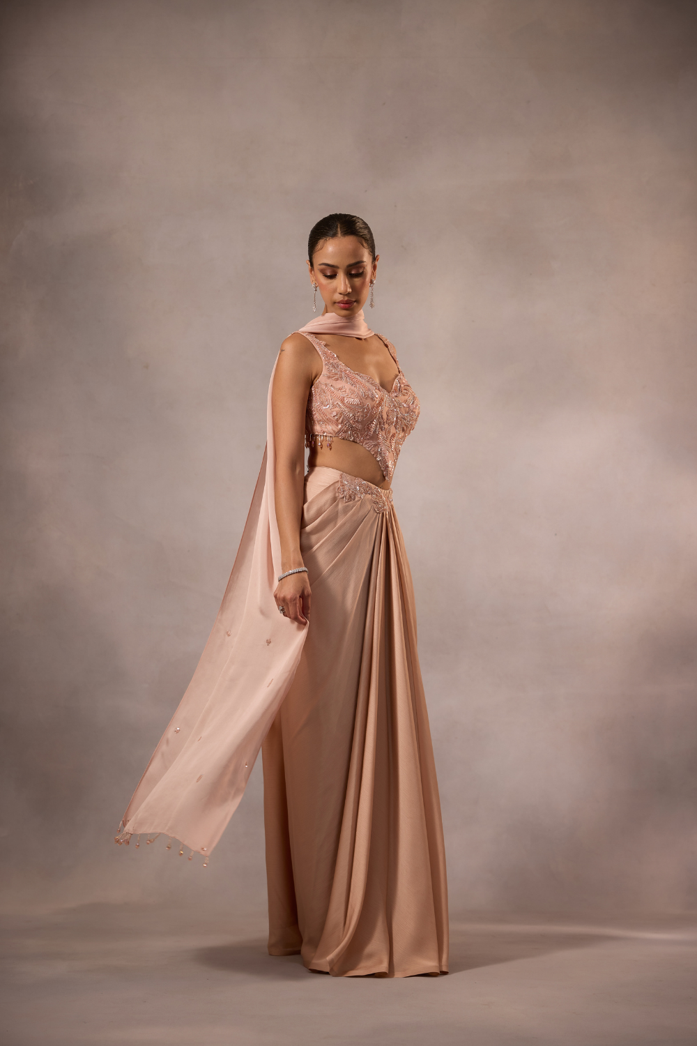 Champagne Pink Drape Skirt with Blouse & Stole
