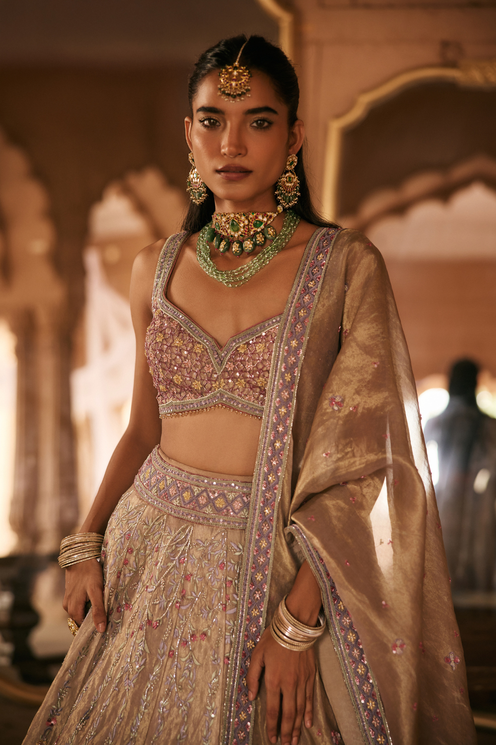 Multi-coloured, Resham, Sequins, Tissue, Lehenga Set