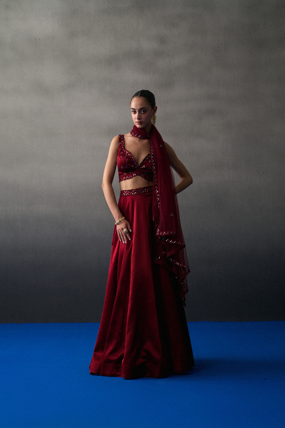 Maroon Satin Silk Skirt Set