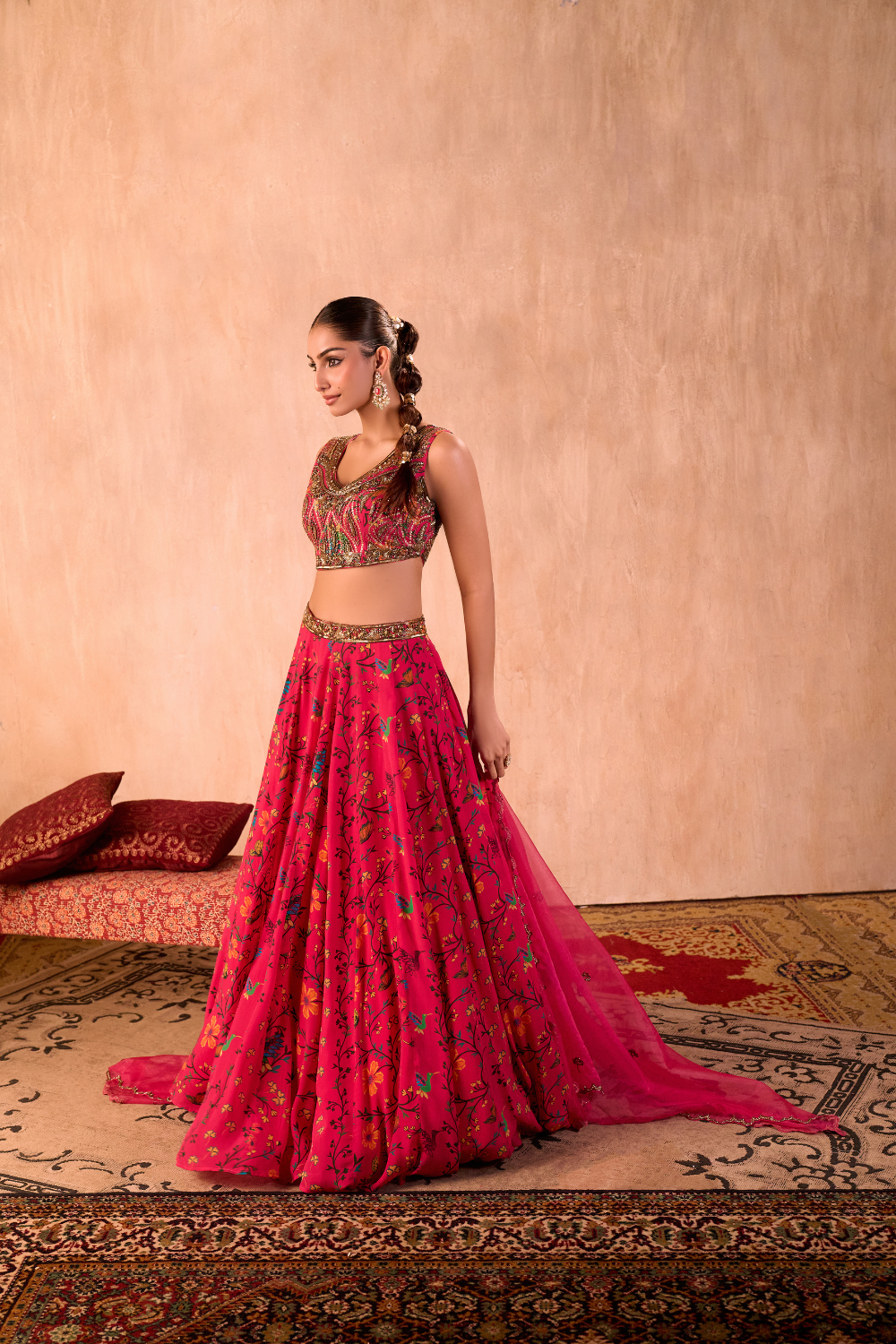 PINK PRINT EMBROIDERED CHOLI, LEHENGA AND DUPATTA SET