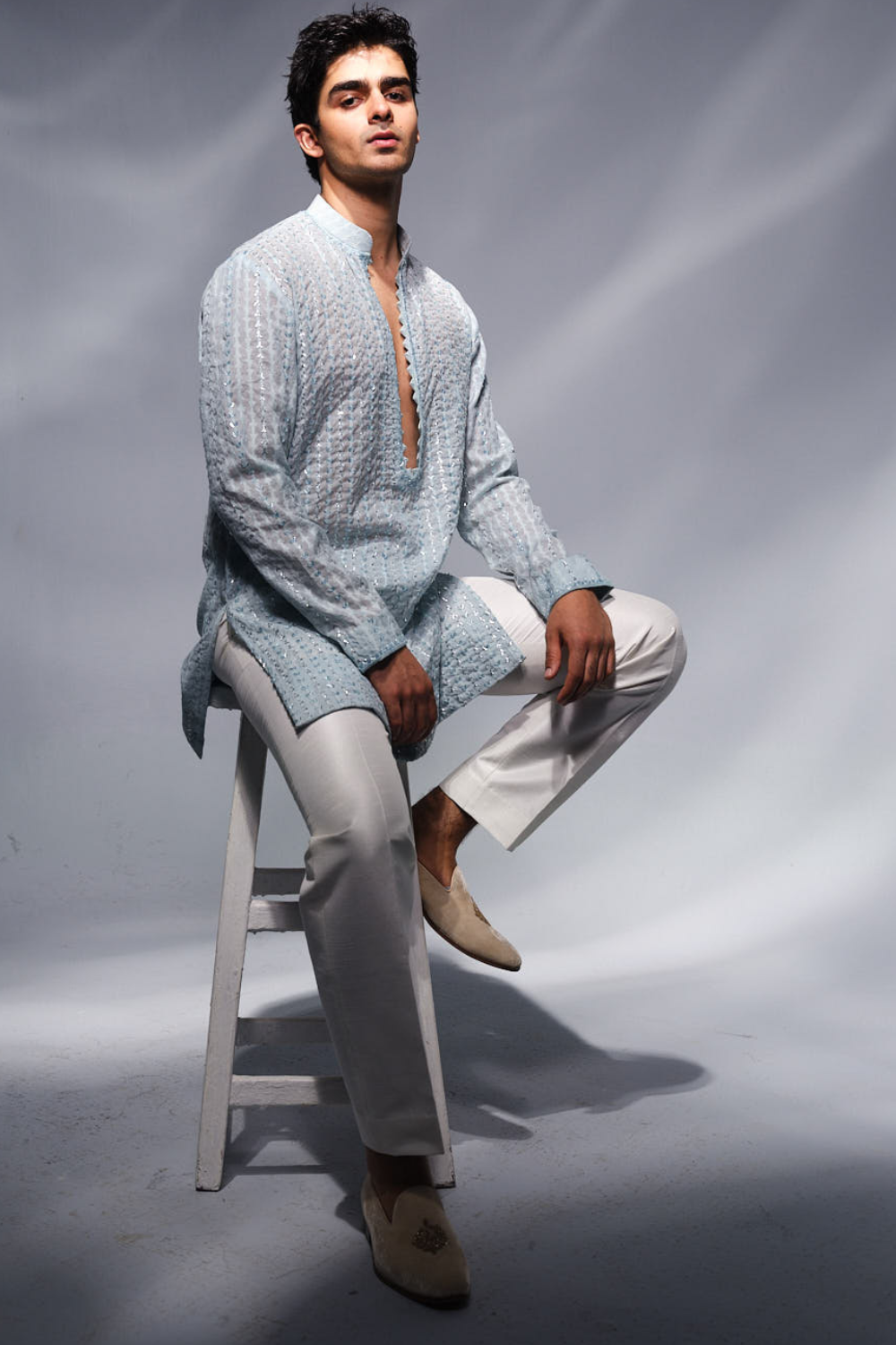 Ice blue Chanderi kurta with patra work