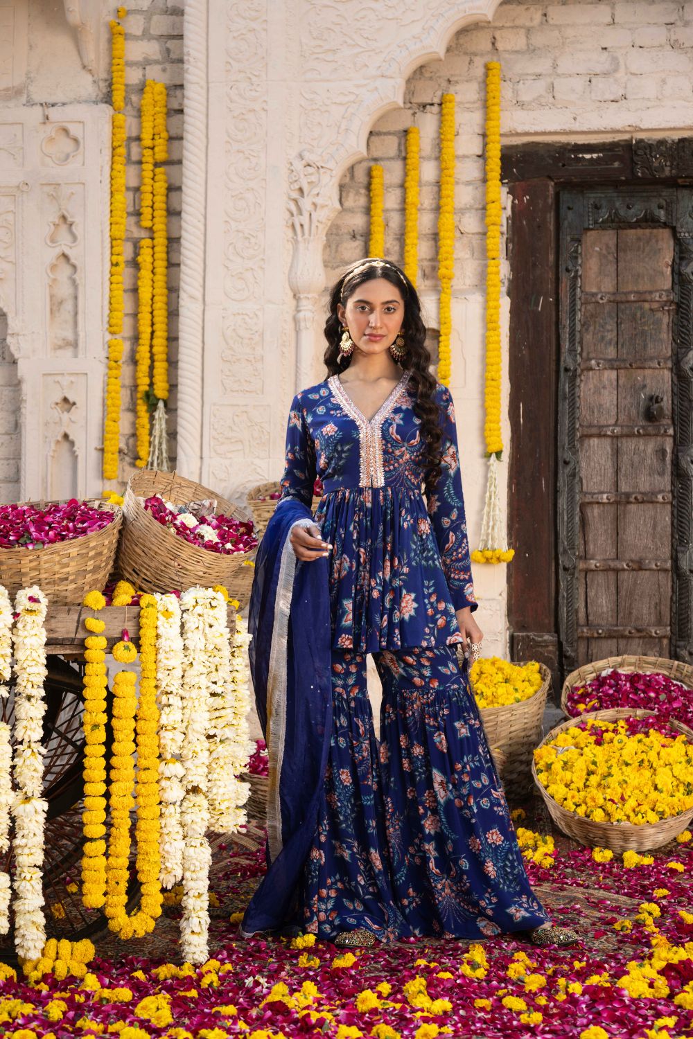Royal Blue Floral Printed Sharara Set With Dupatta