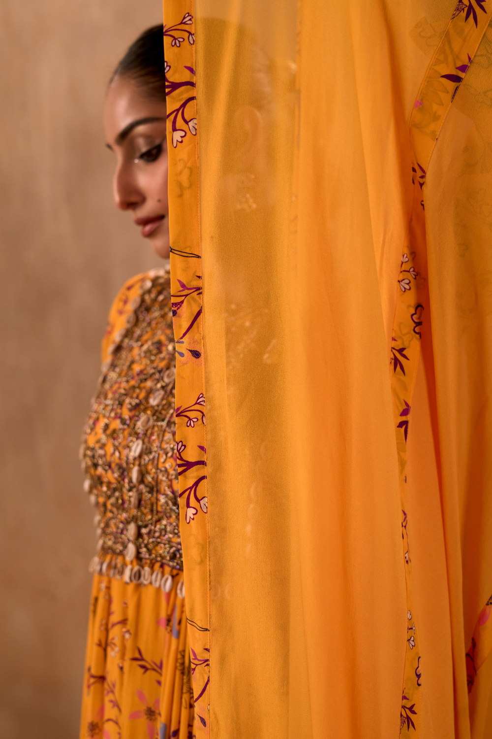 YELLOW PRINT EMBROIDERED ANARKALI AND DUPATTA SET