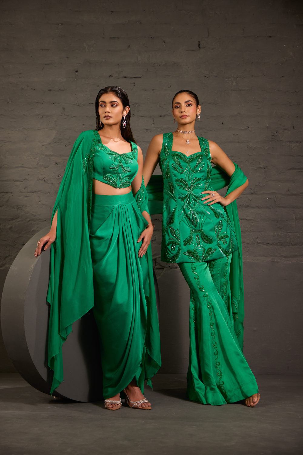 Hand Embroidred Emerald Green Short Tunic With Sharara & Dupatta Set