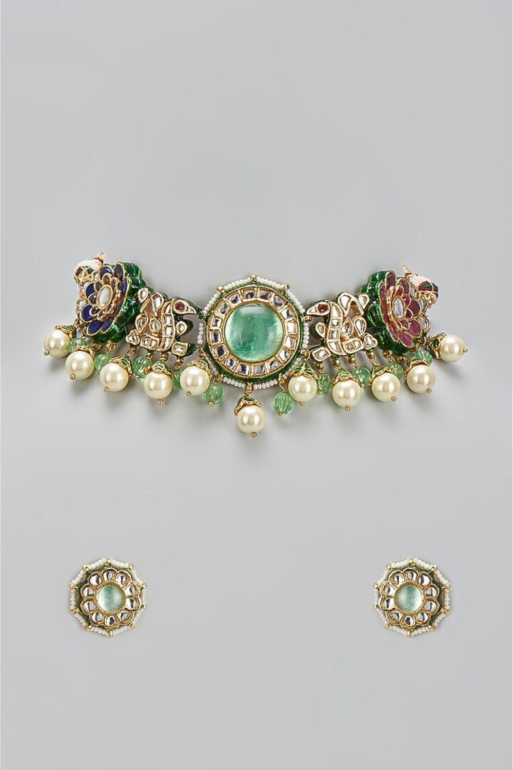 Royal Navratna Jaipuri Kundan Floral Choker Set with Pearl Drops