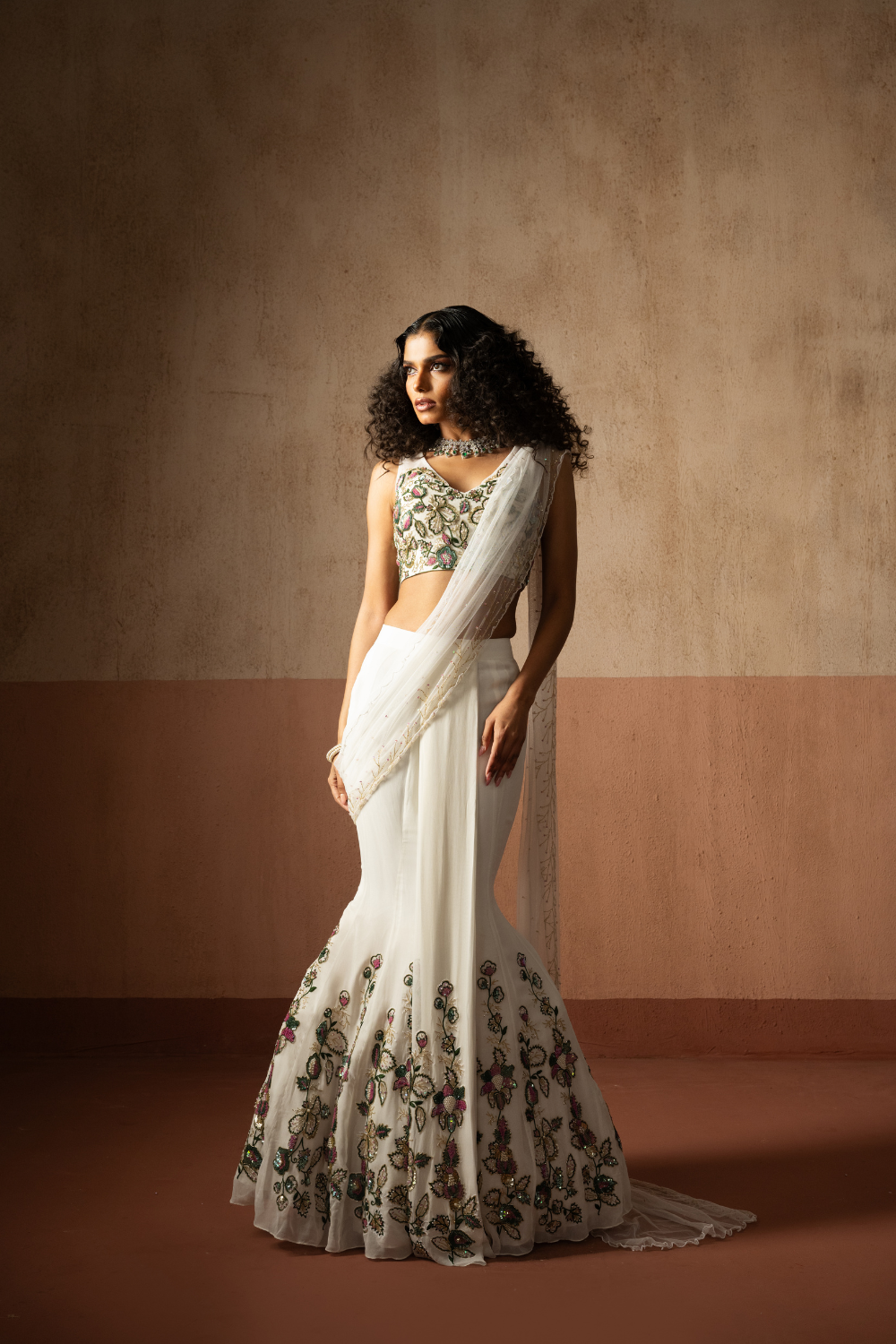 Fishtail style , white & multicoloured hand embroidered georgette fishtail saree, concept saree