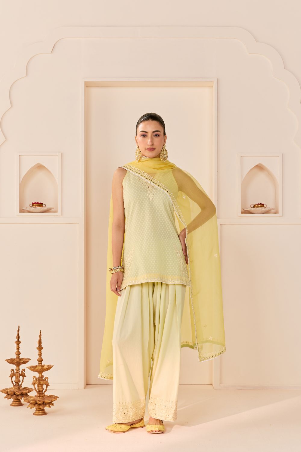 MIRAL - MINT GREEN SHORT KURTA WITH FARSI SALWAR AND DUPATTA