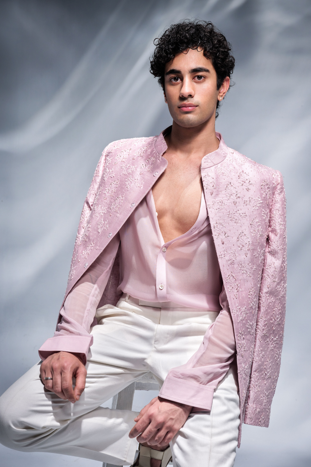 Rose pink sequins and threadwork bandhgala