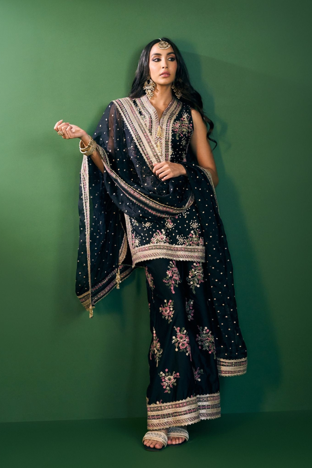 Lami Pima Satin Black Kurta With Flared Bell-Bottom Pants
