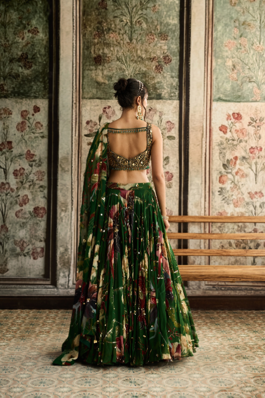 GREEN FLORAL PRINT AND HIGHLIGHTED LEHENGA SET