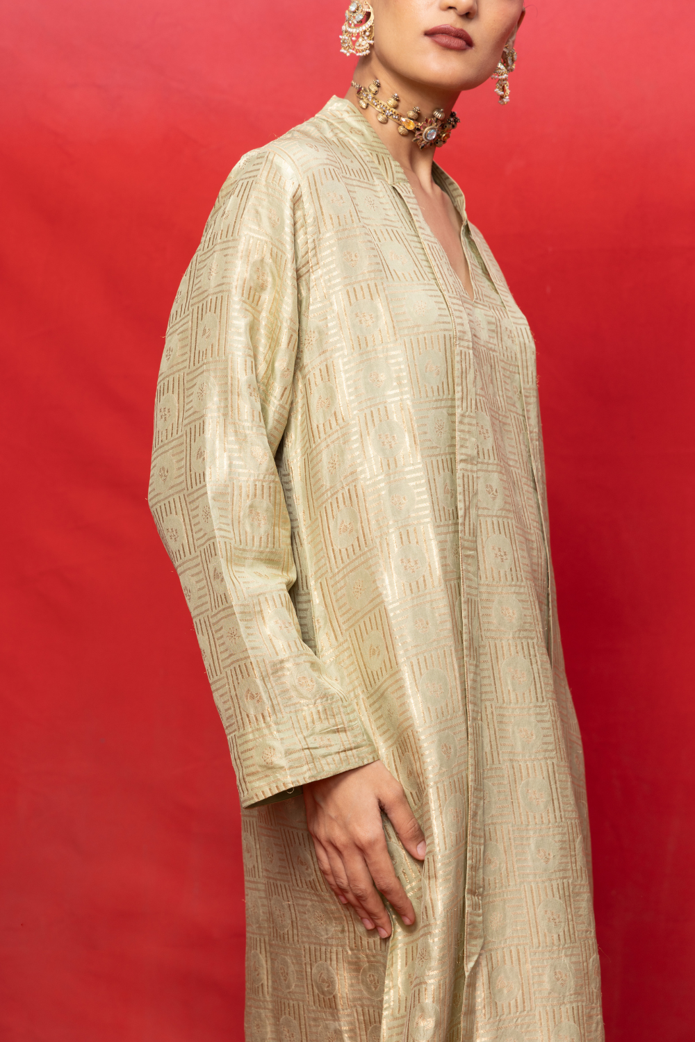 Handwoven Pistachio Green Silk Embossed Kaftan