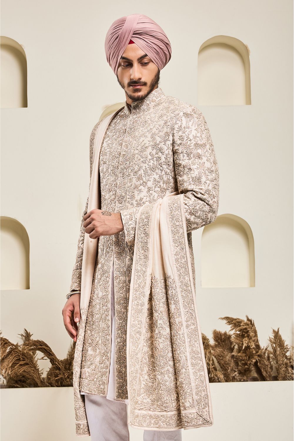 Dusty rose sherwani with pearl,sequins and zari work