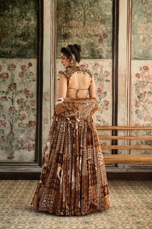CARAMEL PRINT AND HIGHLIGHTED BLOUSE AND LEHENGA SET