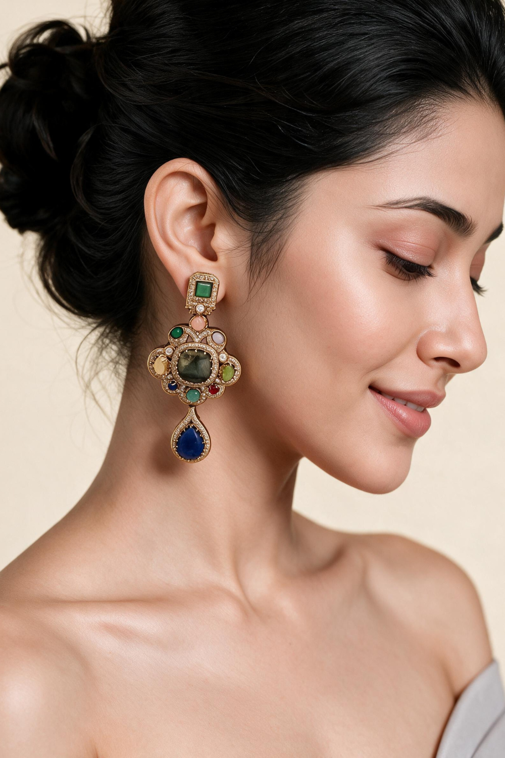 Multicolour Semi-Precious Stone Statement Drop Earrings