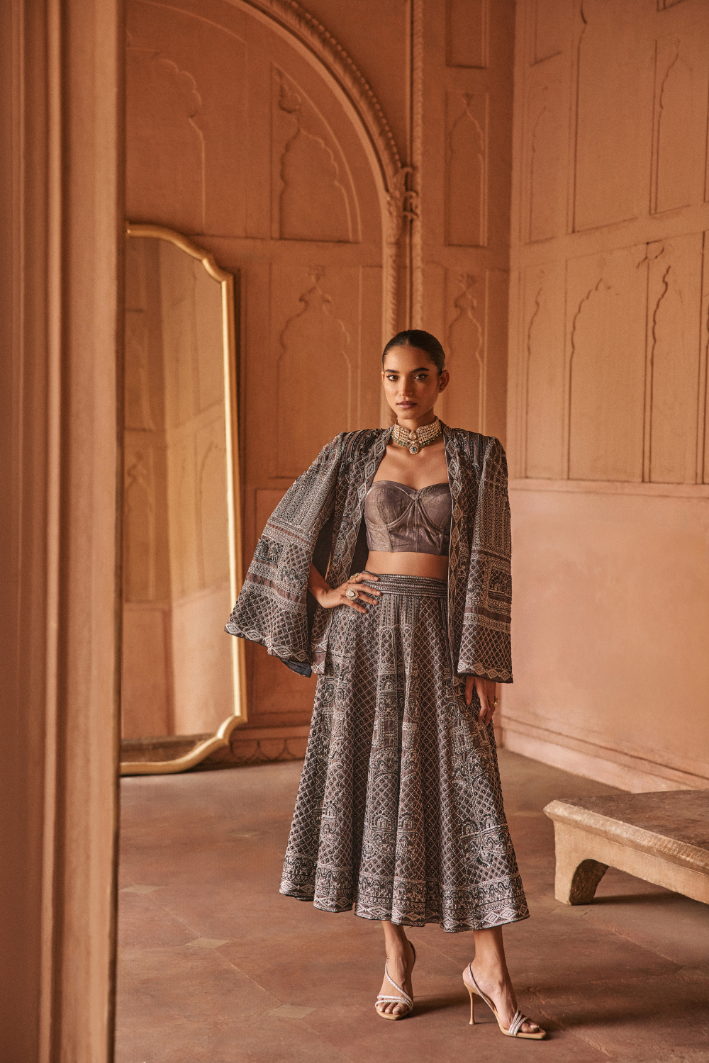 Black, dori, tissue, cropped, lehanga, jacket