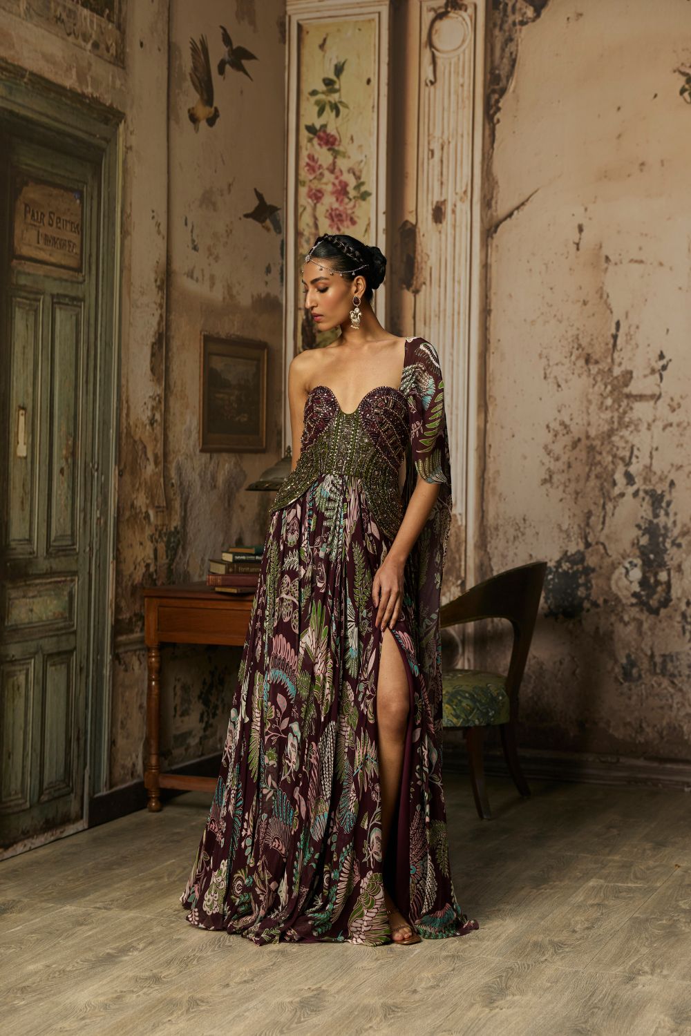 PLUM PRINTED AND EMBROIDERED DRAPE GOWN SAREE