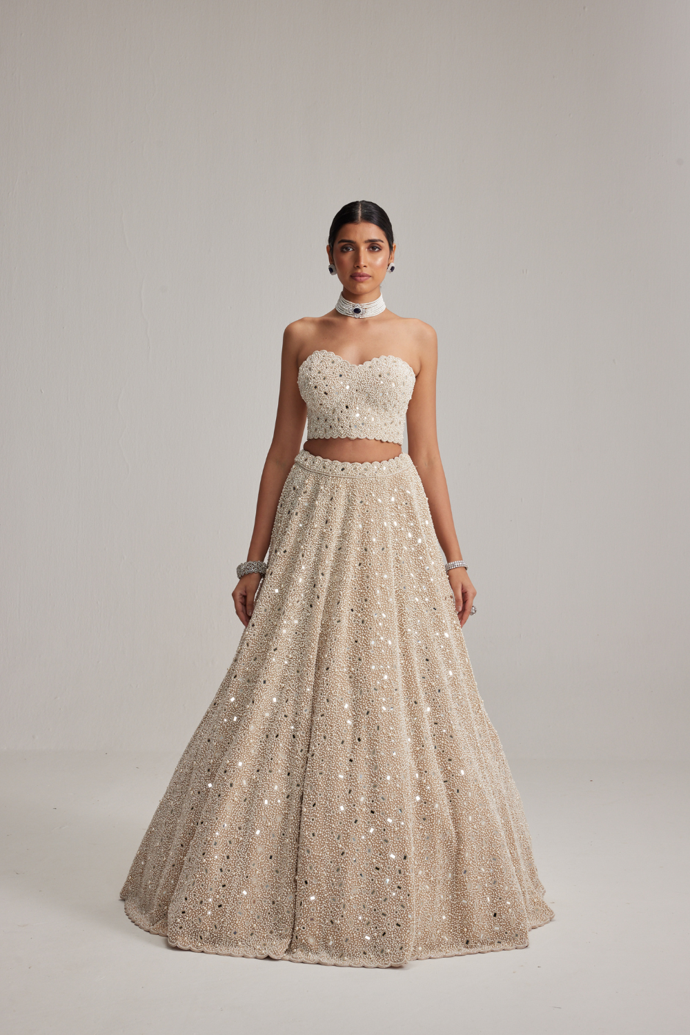 Light Beige Dense mirror and pearl Corset lehenga set