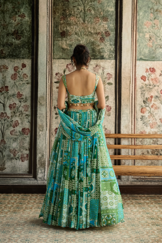 AQUA PRINT AND HIGHLIGHTED RUCHED BLOUSE LEHENGA SET