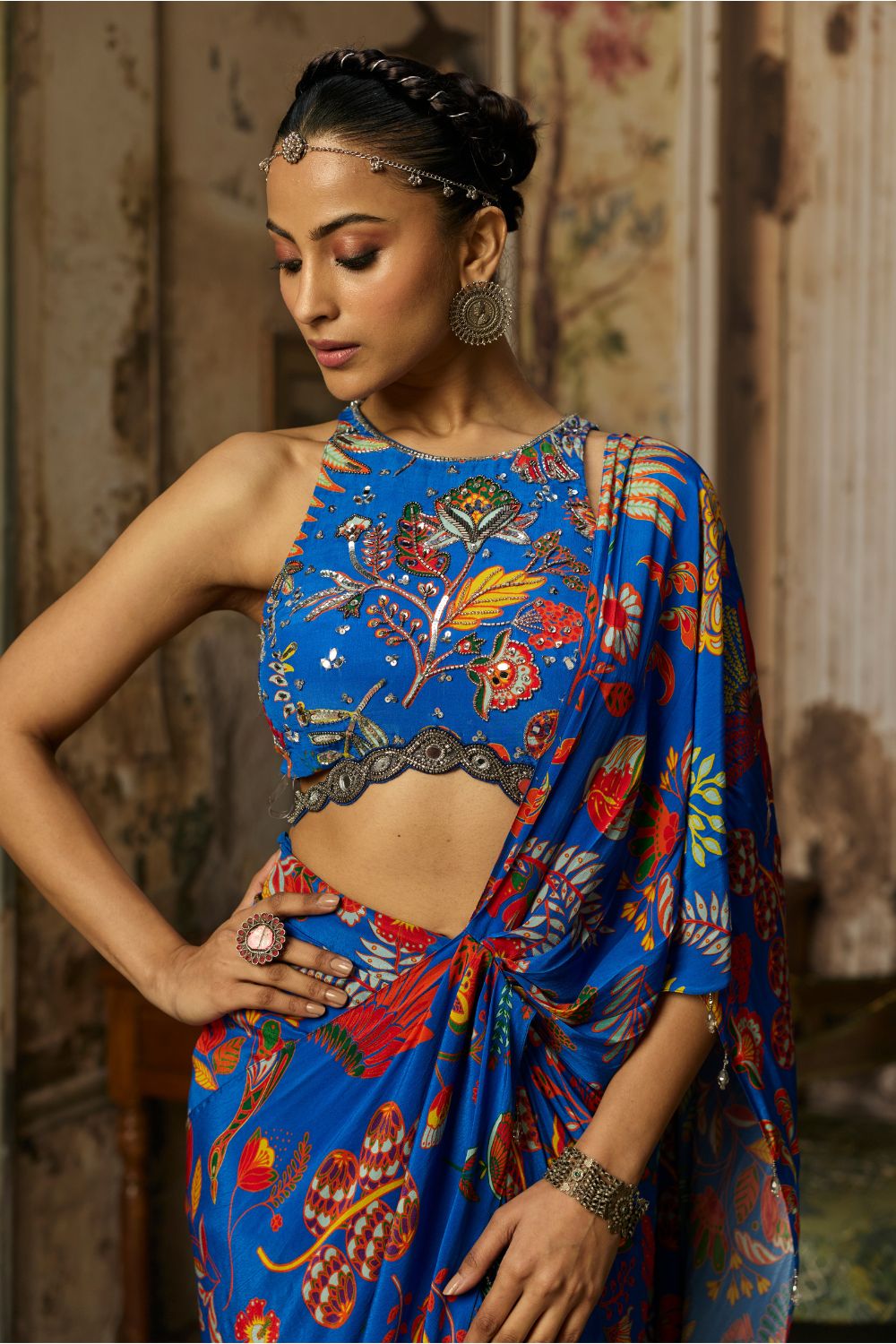ELECTRIC BLUE PRINTED AND HIGHLIGHTED DHOTI SKIRT SAREE SET