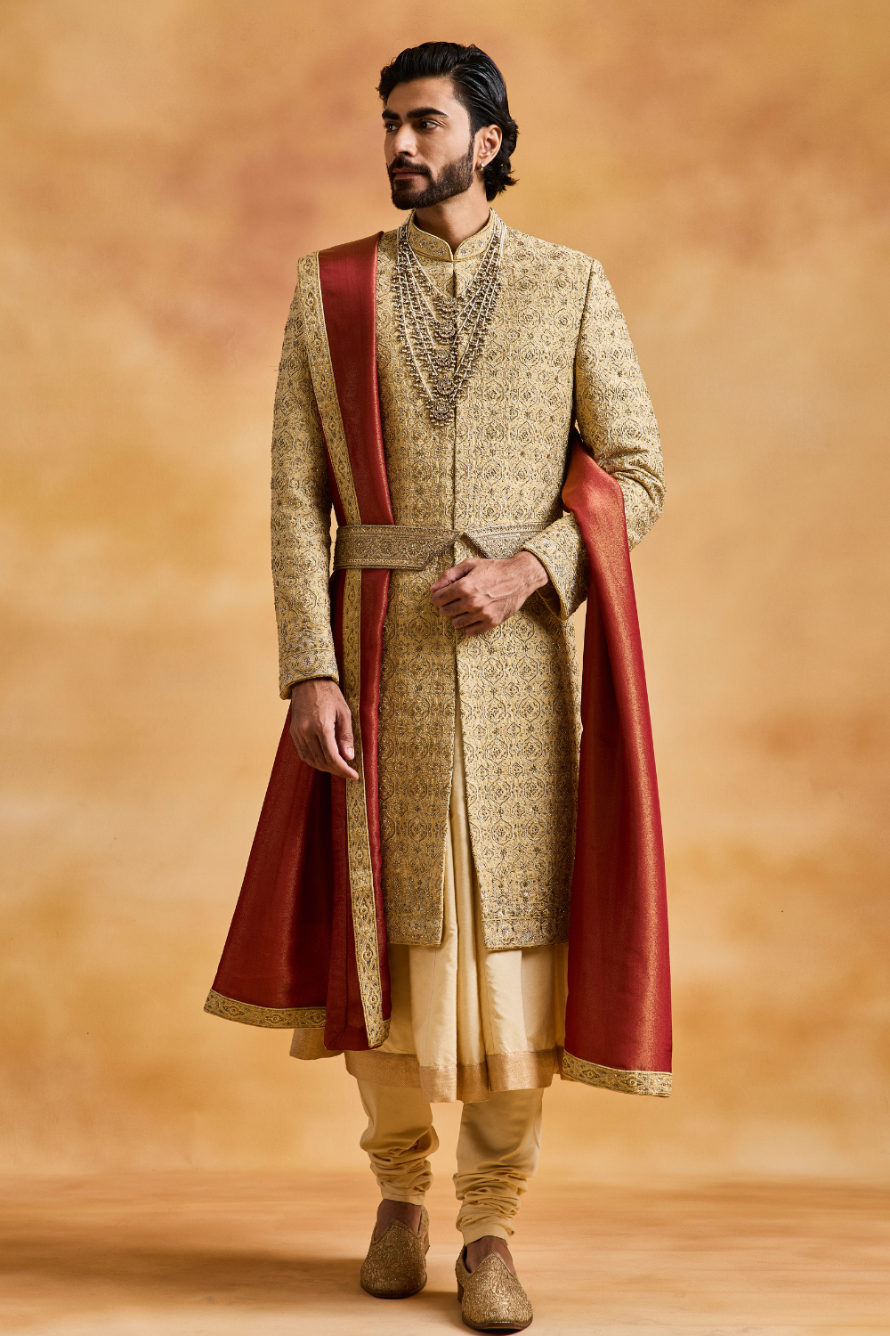 Gold Raw Silk Sherwani with Choga and Churidar