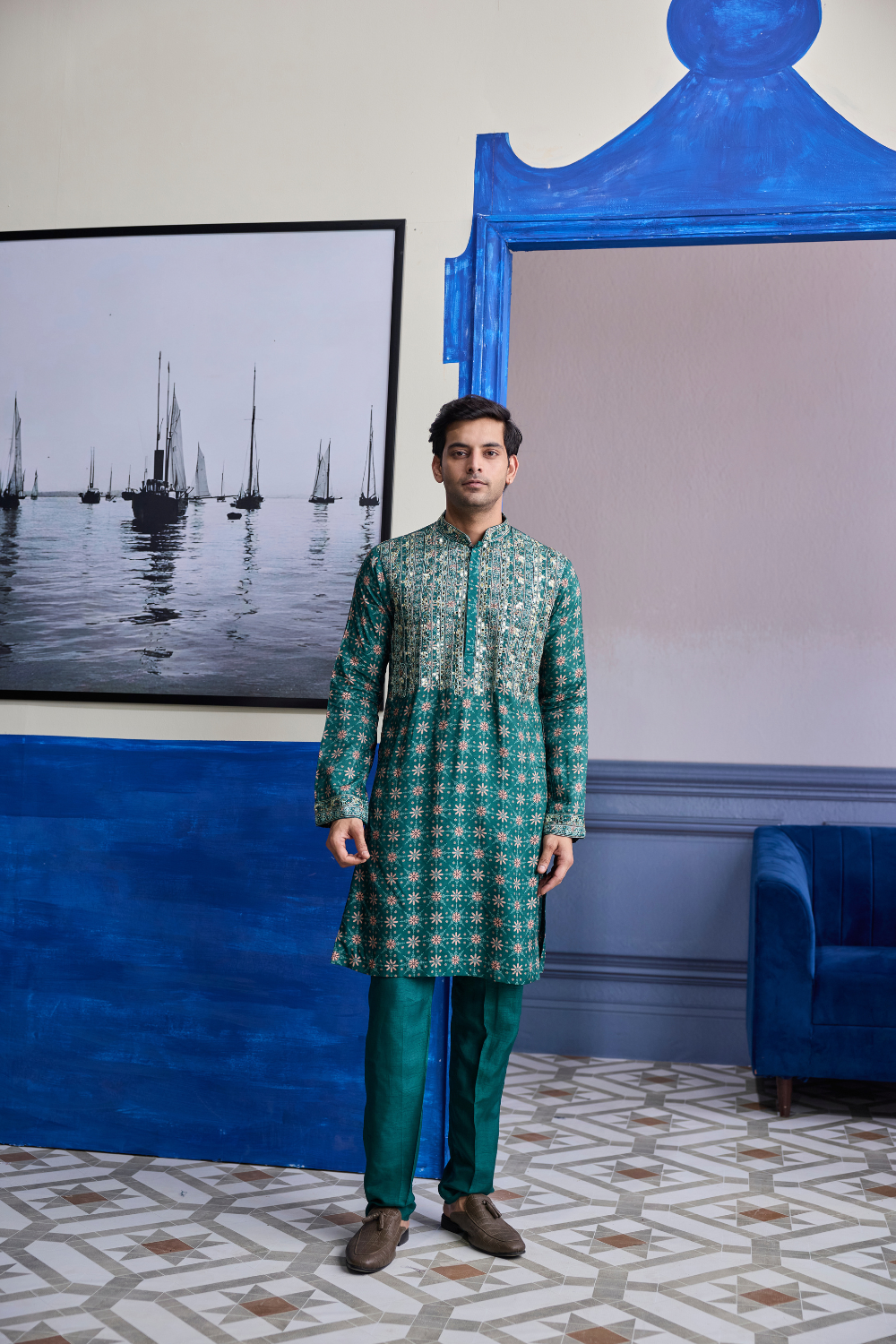 TEAL GREEN BUTTA HIGHLIGHTED KURTA WITH SOLID PANTS