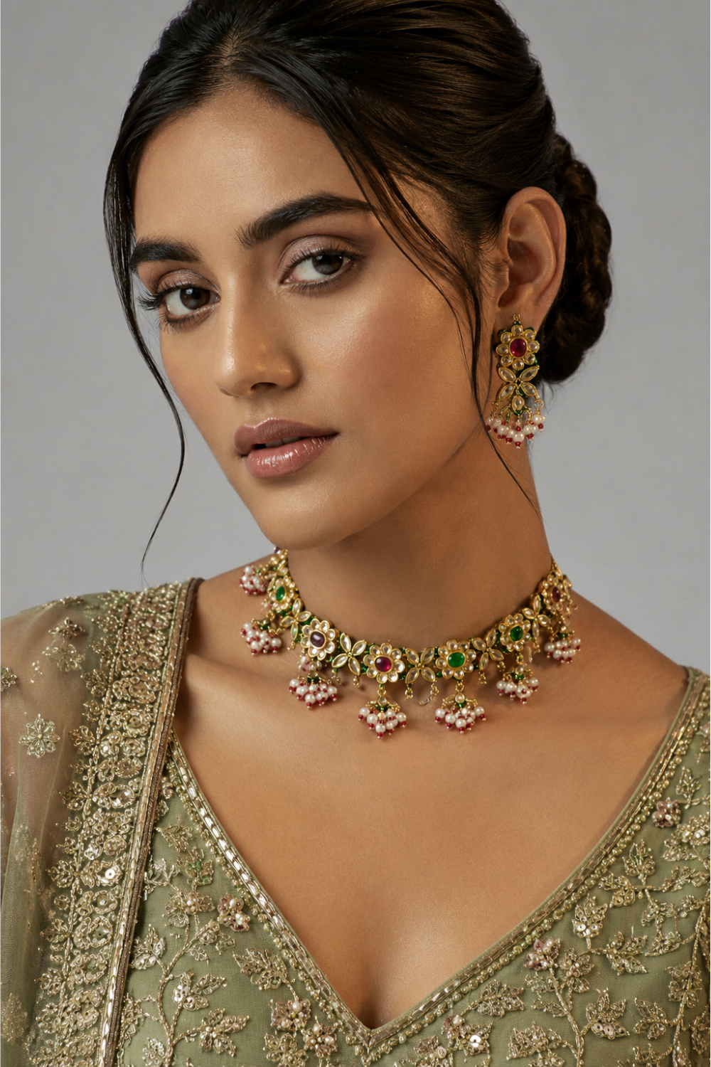 Navratna Jaipuri Kundan Floral Choker Necklace Set with Pearl Drops