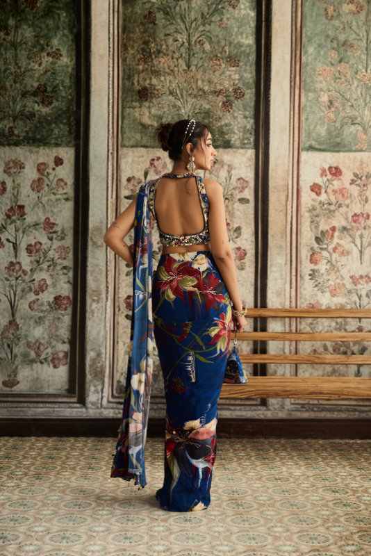 BLUE FLORAL PRINTED SKIRT SAREE SET