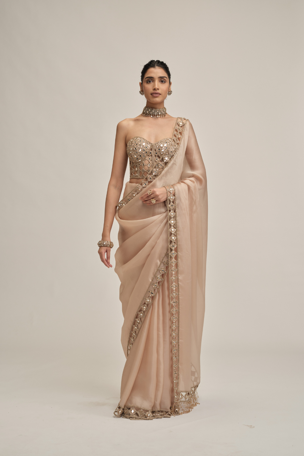 Light Beige Cutwork Border Saree with Corset Set