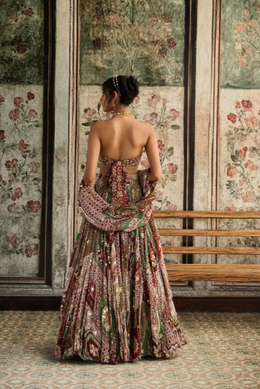 SAGE-MAROON PRINT AND HIGHLIGHTED STRAPLESS BLOUSE WITH LEHENGA SET