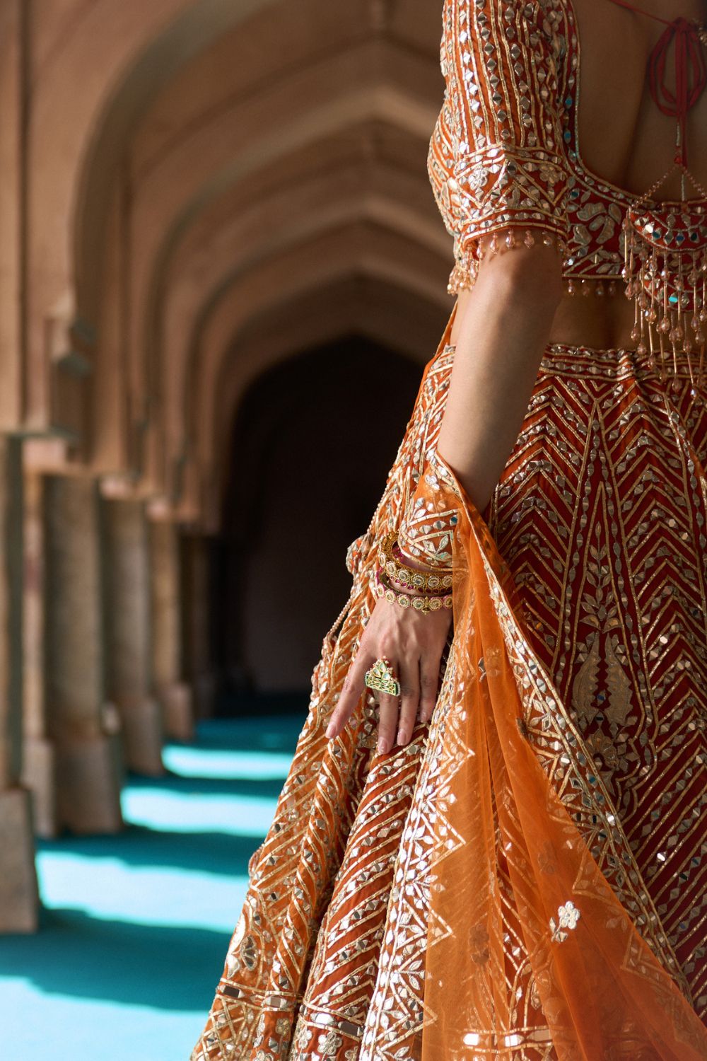 TEJ — Rust Orange Organza Lehenga Set